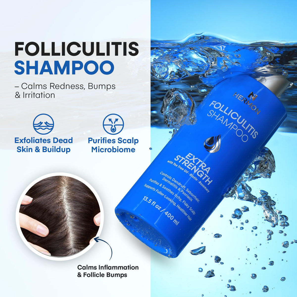 Hermon shampoo pouring from bottle to show lightweight, non-greasy consistency