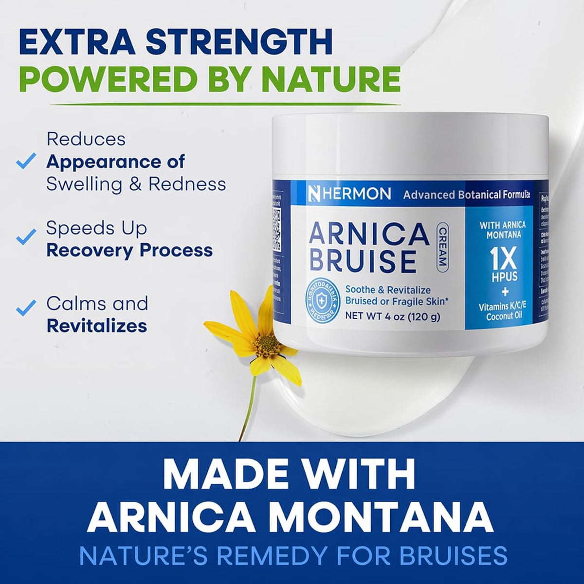 Hermon tube close-up label highlighting arnica and vitamin K benefits