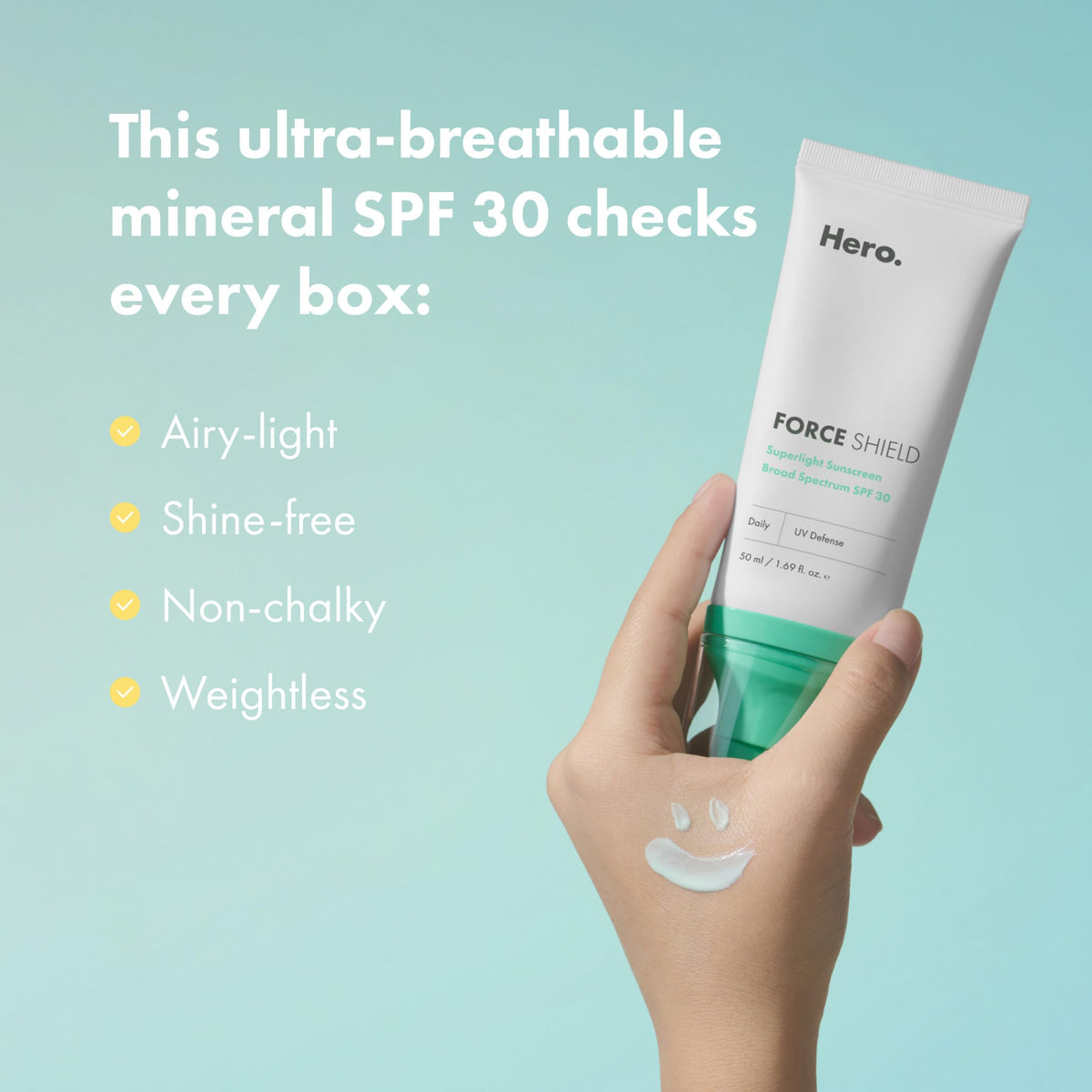 HERO COSMETICS sunscreen spread on hand showing lightweight finish