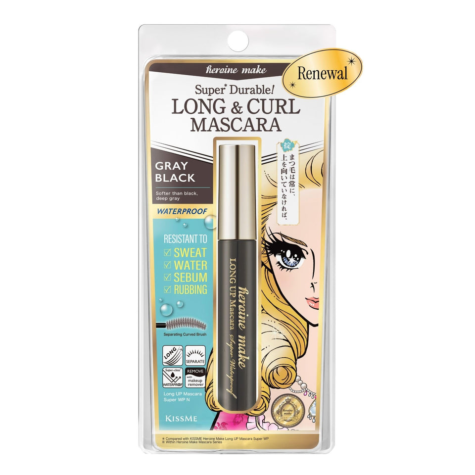 Heroine Make front packaging showing product and shade in gray black for reliable wear