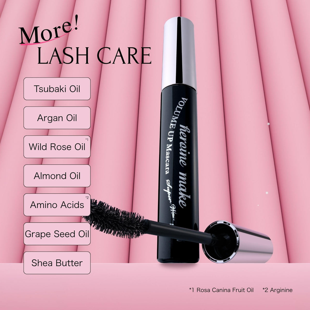 Heroine Make bottle with oils and botanicals displaying conditioning ingredients for softer lashes