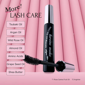 Heroine Make bottle with oils and botanicals displaying conditioning ingredients for softer lashes