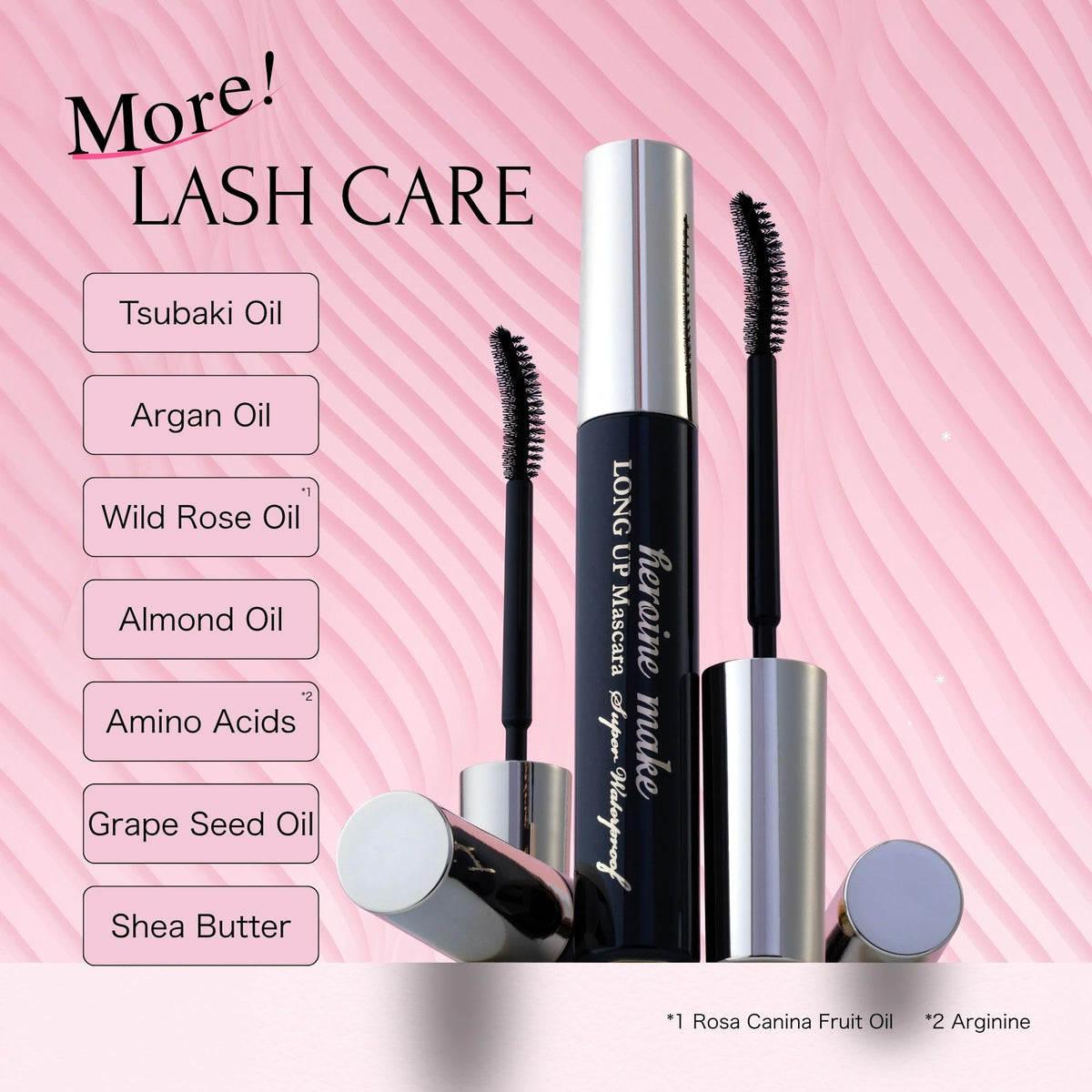 Heroine Make ingredients label with oils illustrating lash-conditioning benefits
