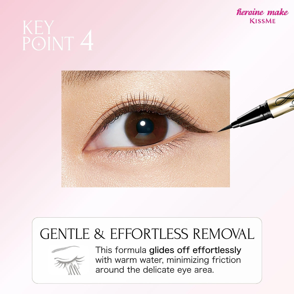 Heroine Make removal with warm water showing gentle take-off for sensitive eyes