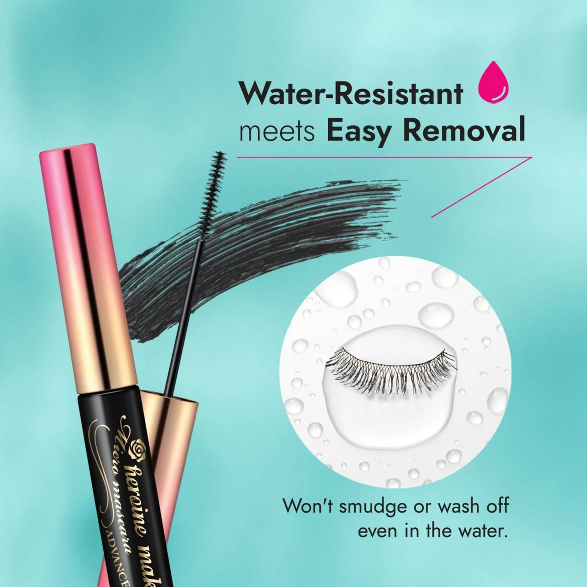 Heroine Make swatch on skin illustrating black tubing finish and intense length