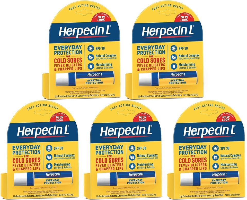 Herpecin-L front packaging five-pack showing tubes and SPF 30 for daily protection
