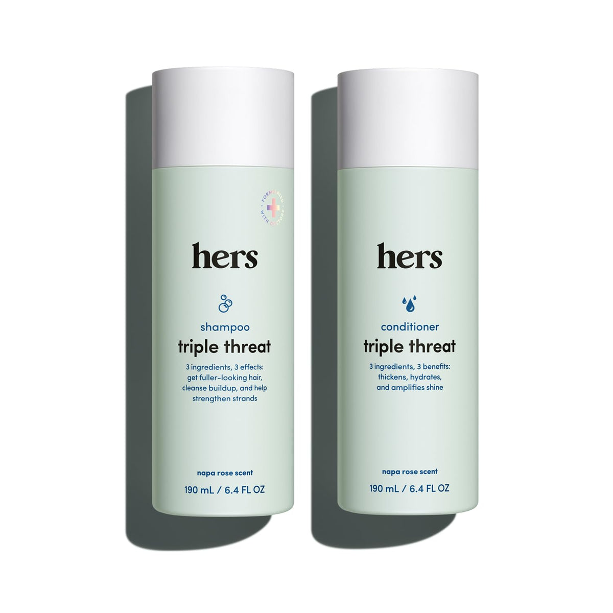 hers front packaging showing shampoo and conditioner duo, clear product overview