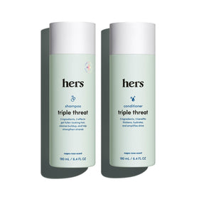 hers front packaging showing shampoo and conditioner duo, clear product overview