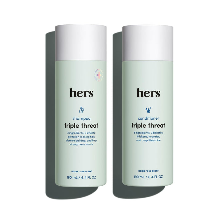 hers front packaging showing shampoo and conditioner duo, clear product overview
