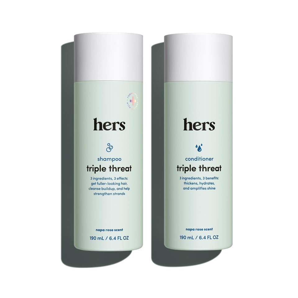 hers front packaging showing shampoo and conditioner duo, clear product overview