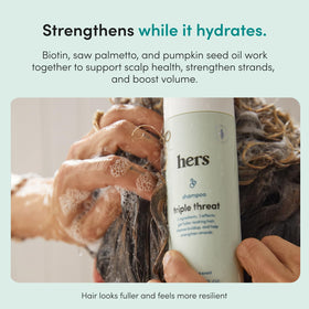 hers shampoo texture on palm demonstrating lightweight lather and cleansing