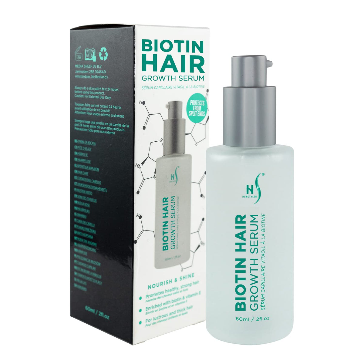 HerStyler front bottle view showing sleek packaging and lightweight serum benefit