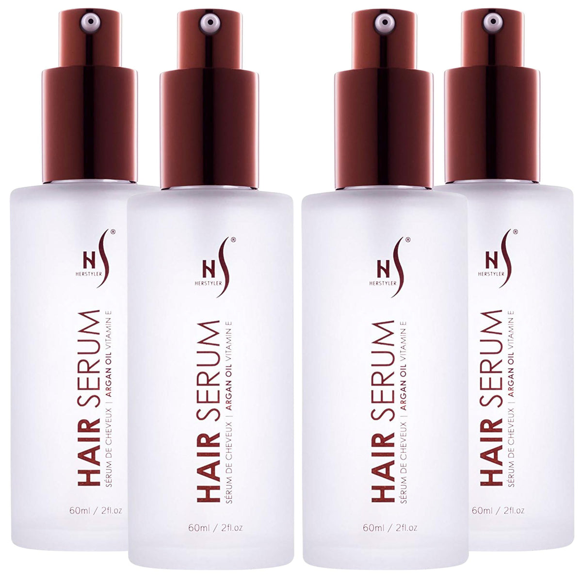 HerStyler front packaging showing compact argan serum with travel-ready design and benefit