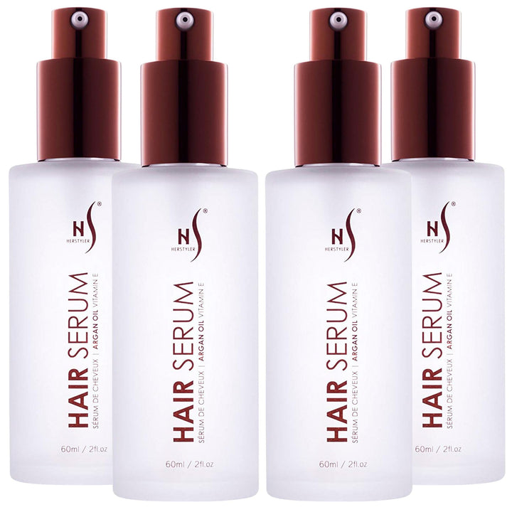 HerStyler front packaging showing compact argan serum with travel-ready design and benefit