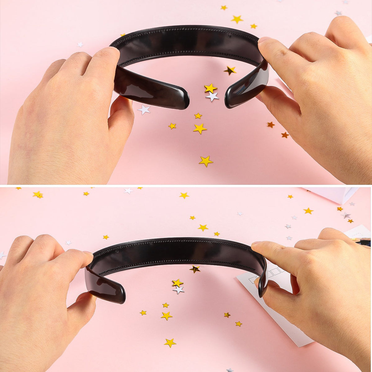 HESTYA headband beside a hand to show size and easy portability