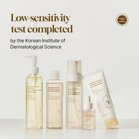 HEVEBLUE clinical test certificate flatlay indicating verified low-irritation benefit