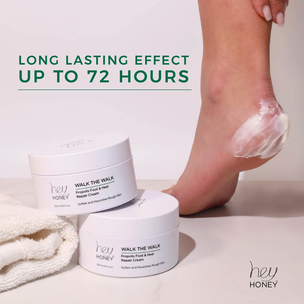 Hey Honey applied to heel demonstrating hydration and smoothing benefit