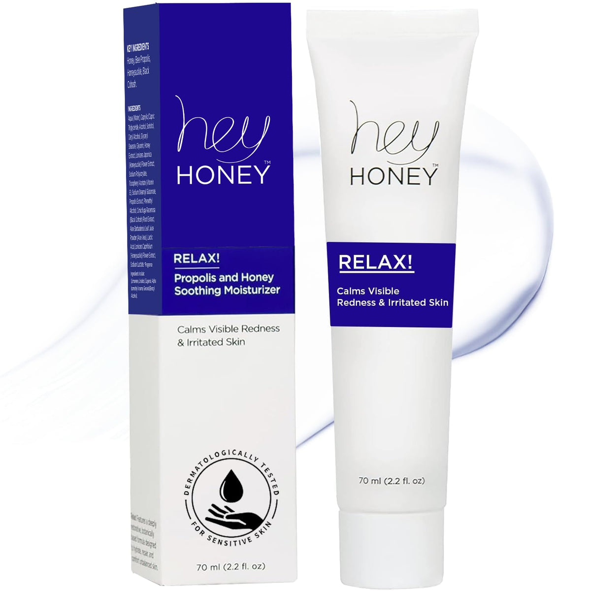 Hey Honey front jar showing clean packaging and calming moisturizer benefits