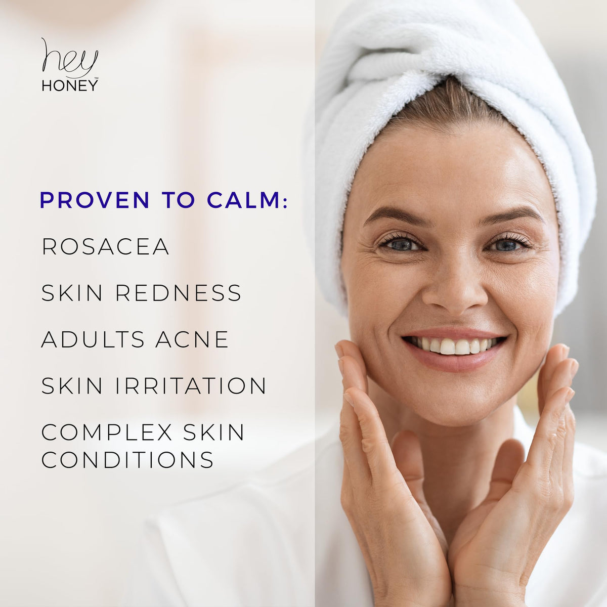 Hey Honey label detail with ingredient callouts and reassurance for sensitive skin