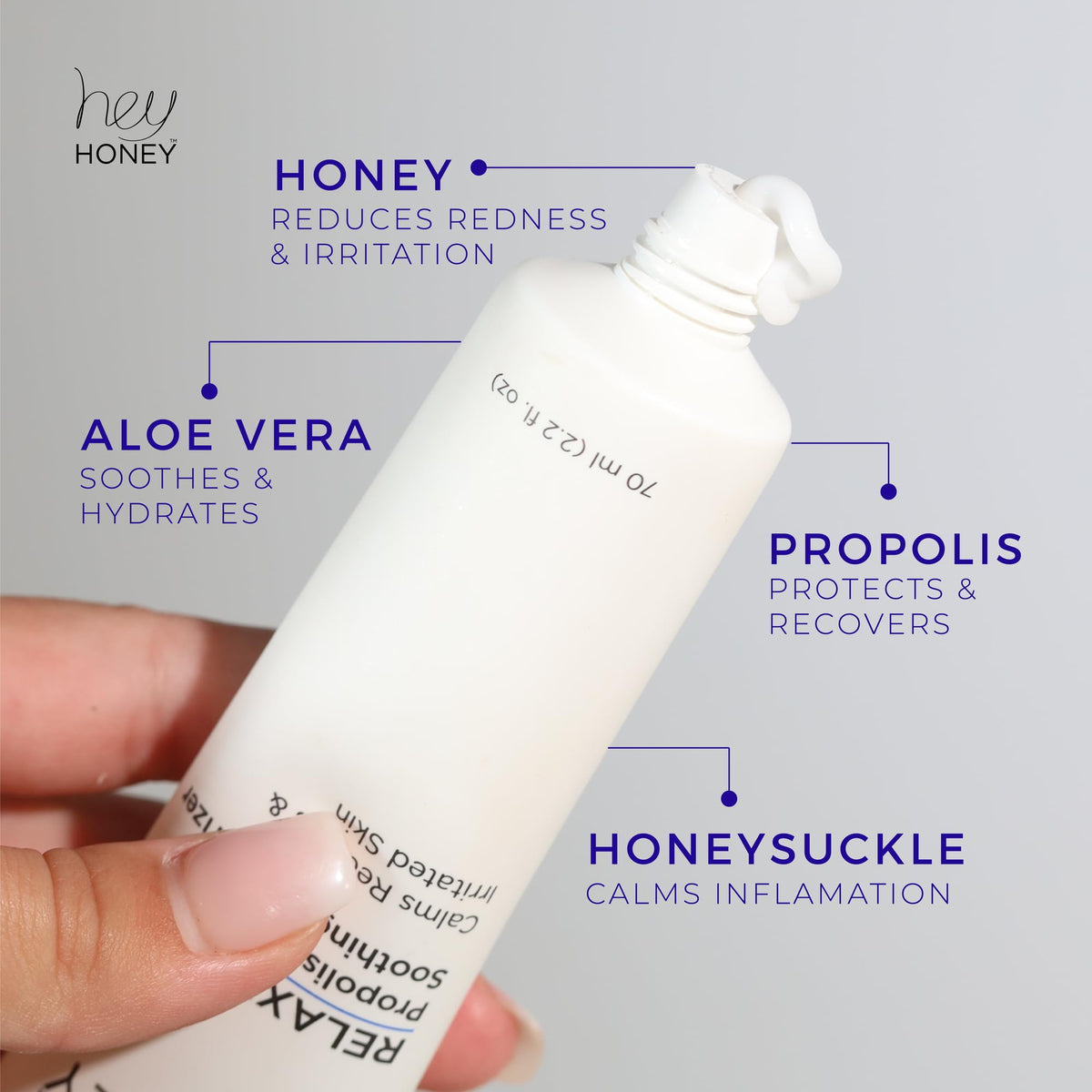 Hey Honey cream on palm demonstrating thin spread and immediate soothing effect