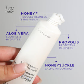 Hey Honey cream on palm demonstrating thin spread and immediate soothing effect