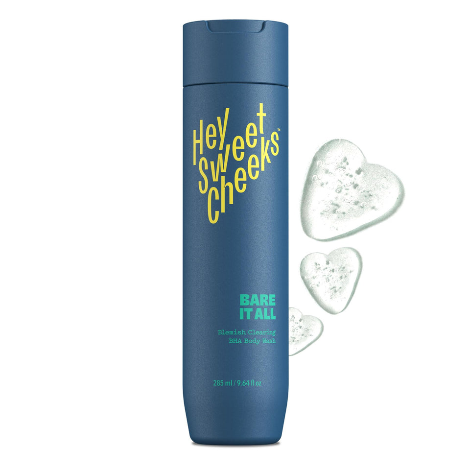 HEY SWEET CHEEKS front bottle showing product benefits and size