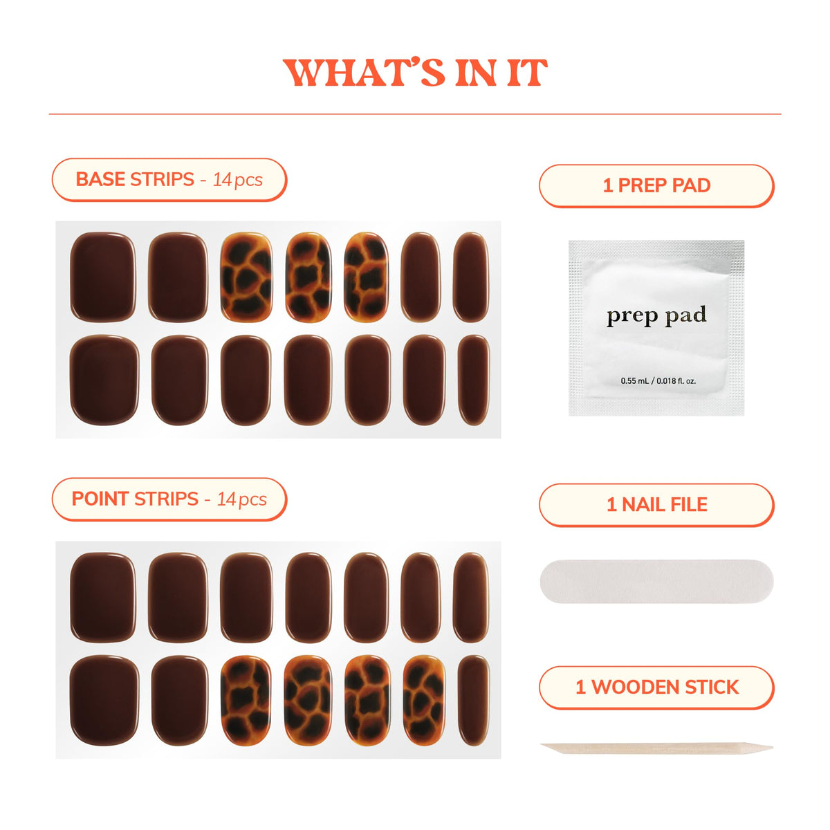 heyhae laid out kit with 28 strips, prep pad, file and stick for convenient application