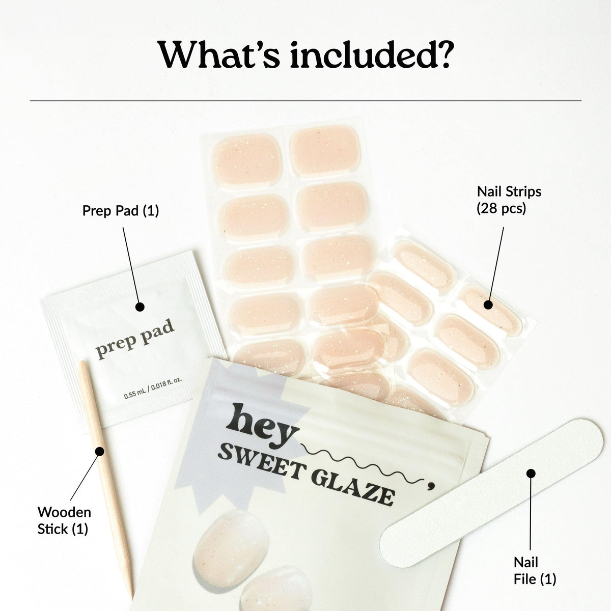 heyhae kit contents including prep pad file and wooden stick