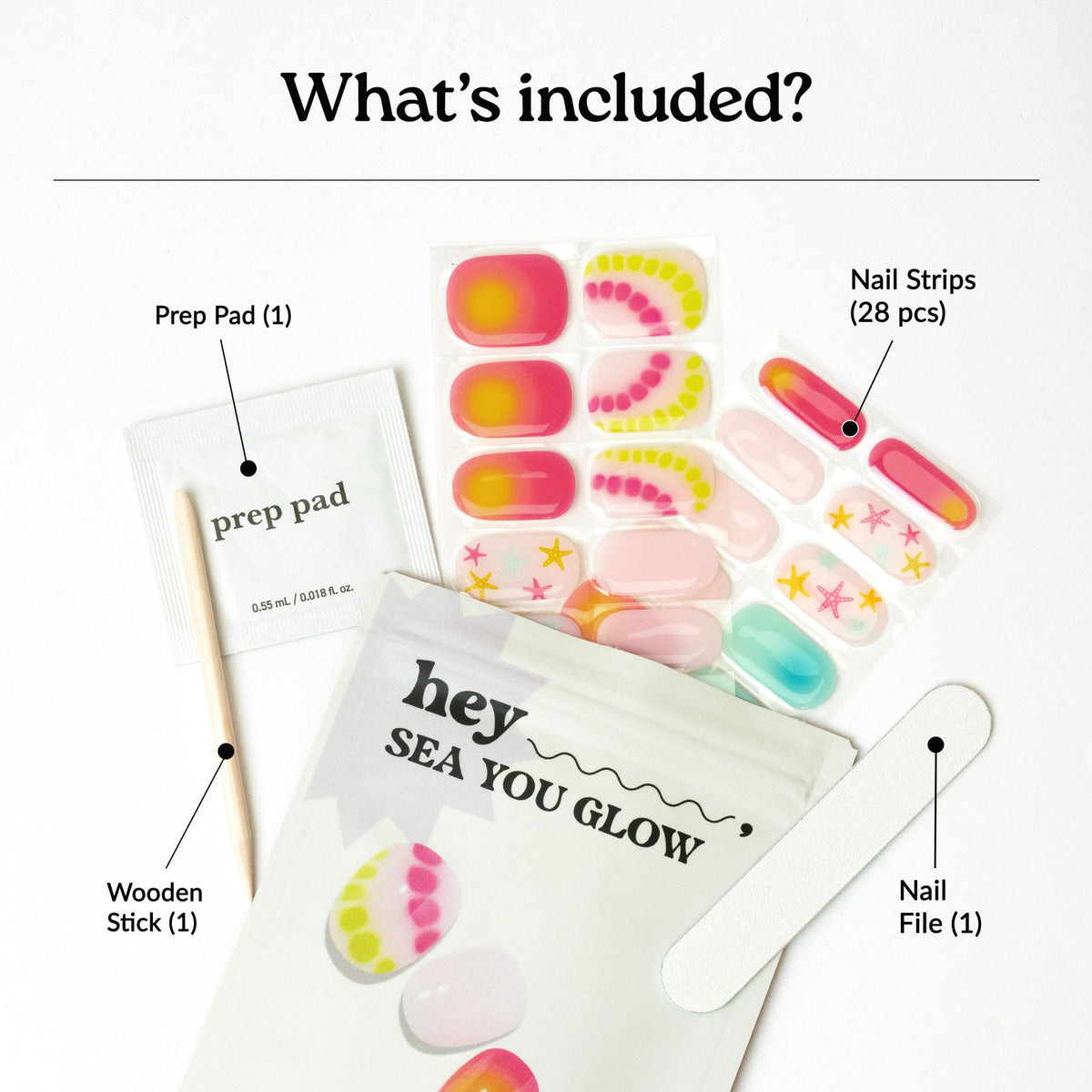 heyhae kit contents with prep pads, file, stick for easy at-home application benefit
