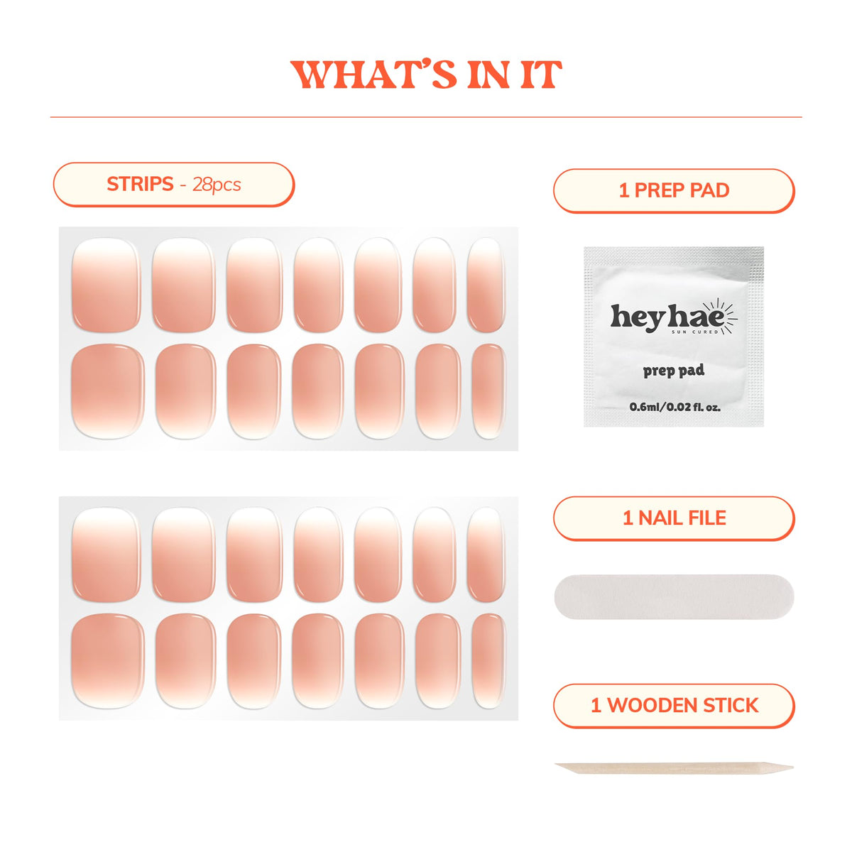 heyhae kit contents laid out showing strips, prep pad, file, stick