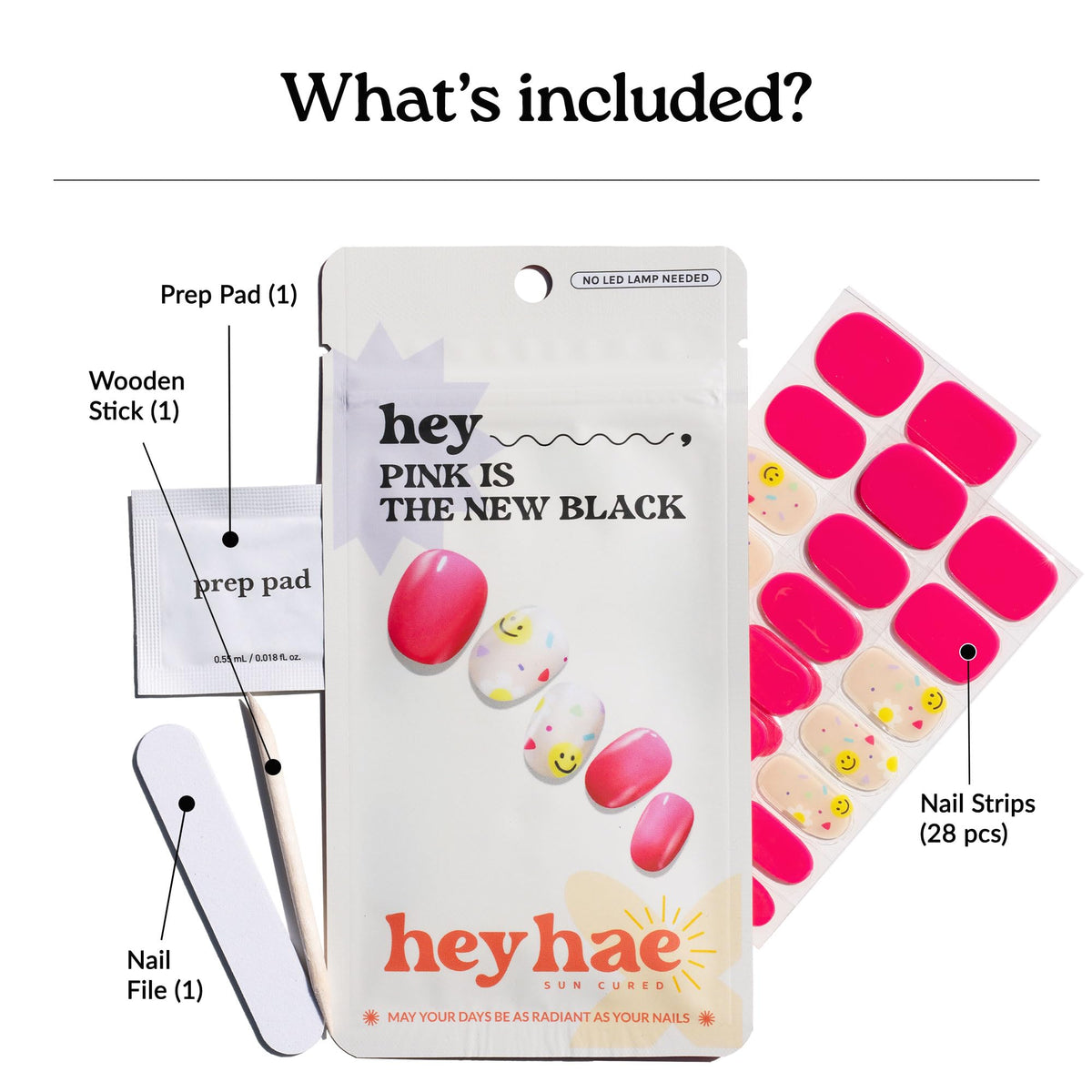 heyhae kit contents: strips, prep pad, file, and wooden stick shown