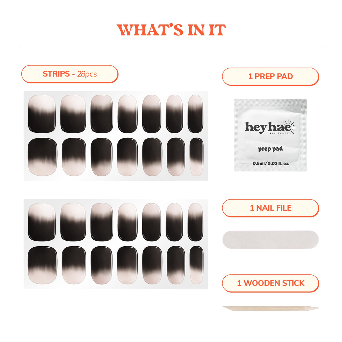 heyhae kit contents laid out including strips file stick and prep pad for easy application