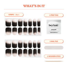 heyhae kit contents laid out including strips file stick and prep pad for easy application