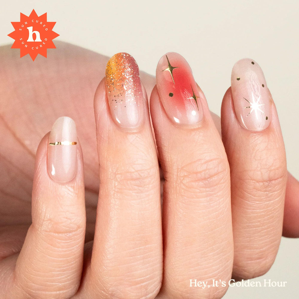heyhae close-up of ombré and gold glitter detail offering high-shine finish