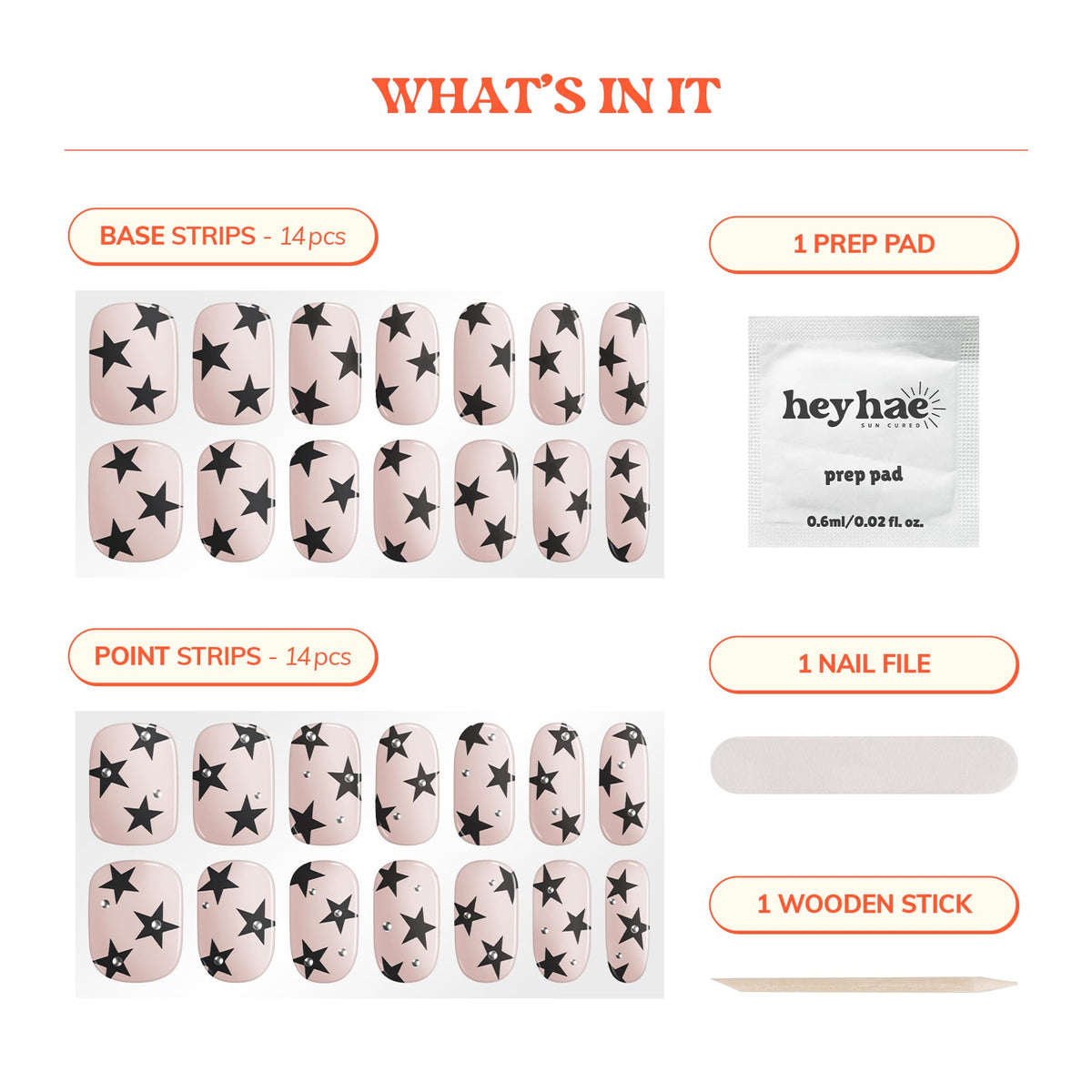 heyhae full kit laid out showing 28 strips, file, pad, wooden stick