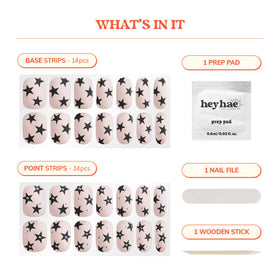 heyhae full kit laid out showing 28 strips, file, pad, wooden stick