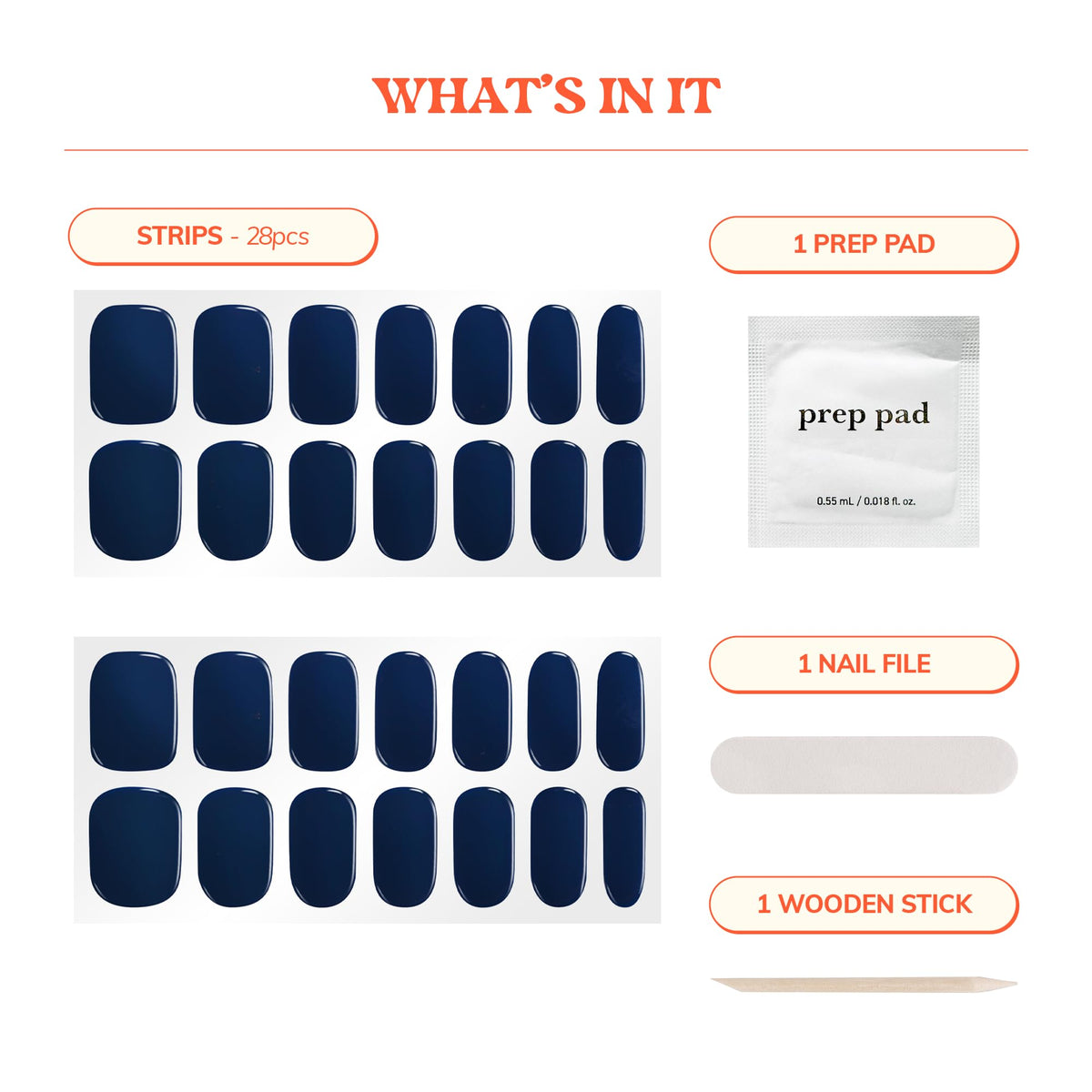 heyhae kit contents laid out with strips, prep pad, file, stick for convenient use