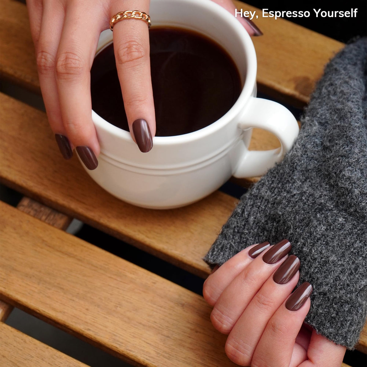 heyhae finished nails lifestyle photo displaying polished brown manicure result