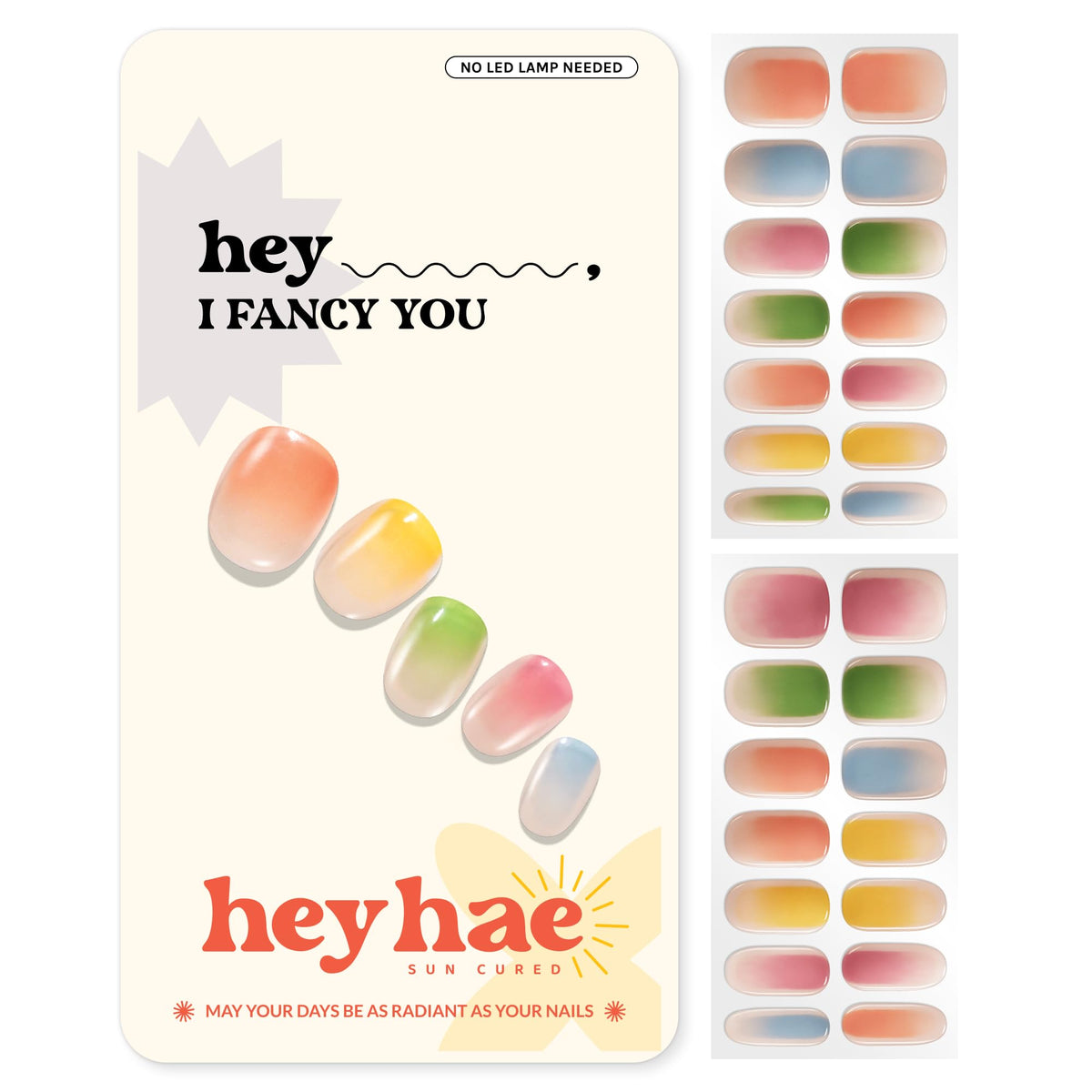 heyhae front packaging showing ombré gel strips and included tools for easy use