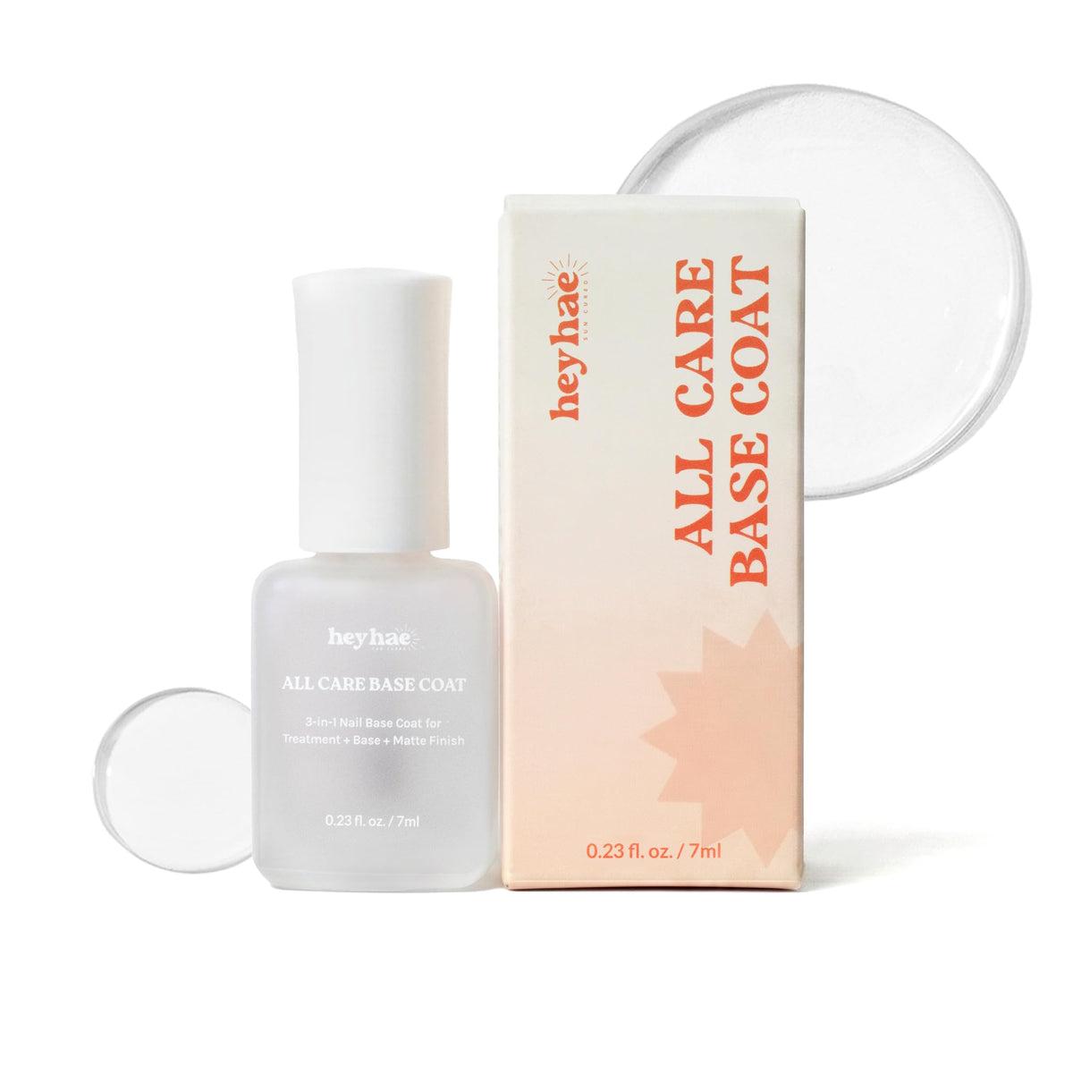 heyhae front packaging showing the 3-in-1 base coat and matte finish benefit