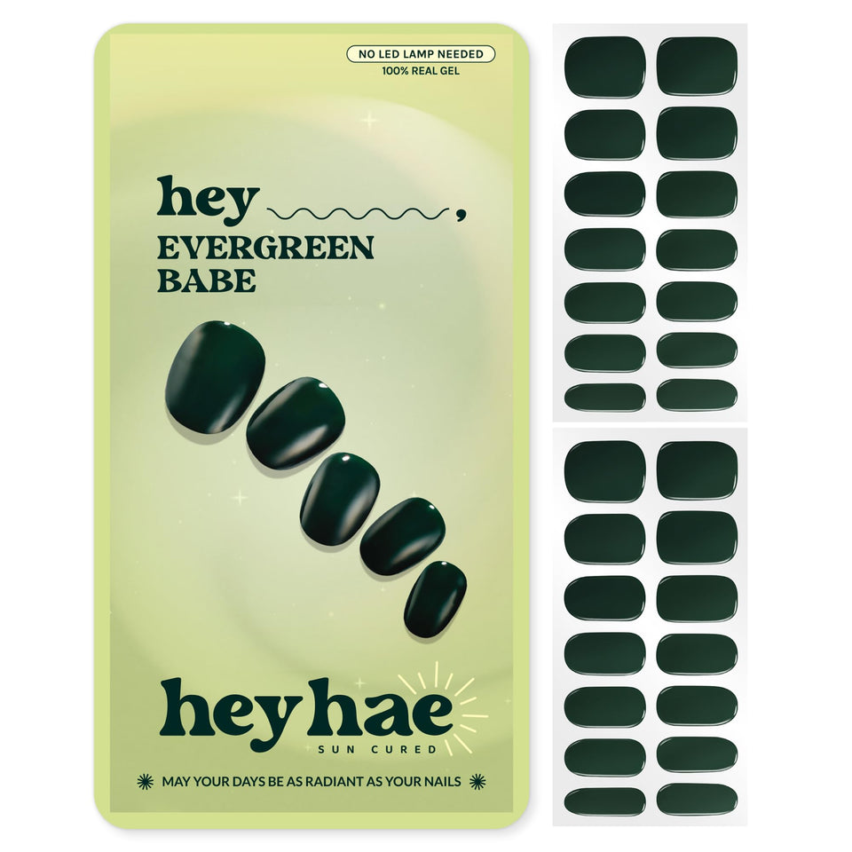 heyhae front packaging showing evergreen shade and kit contents for easy at-home nails