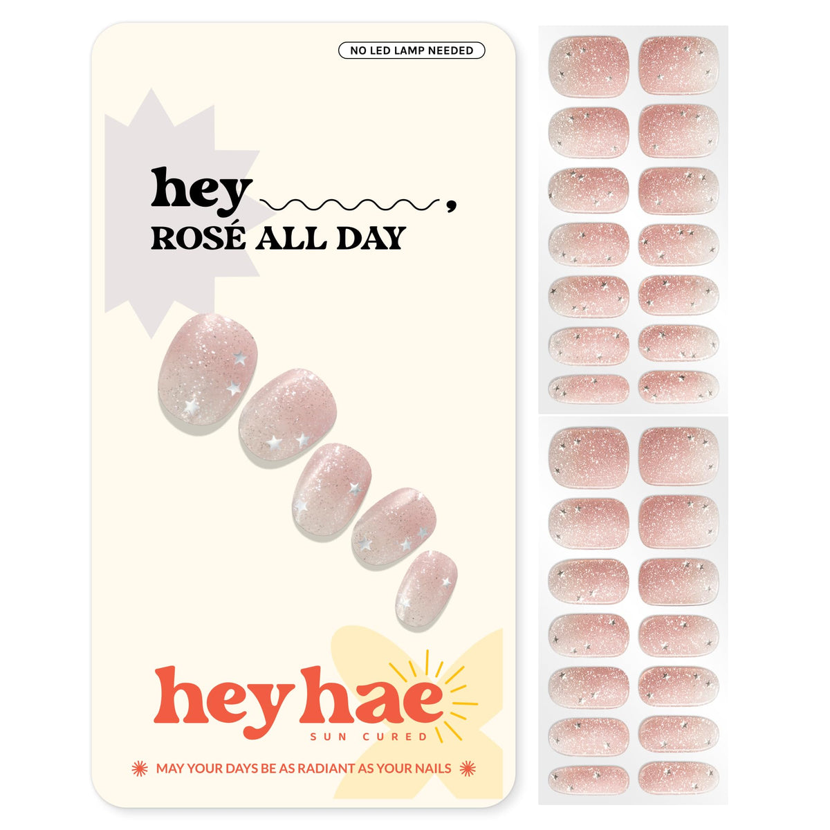 heyhae front packaging showing kit contents and rose champagne design benefit: ready-to-use manicure