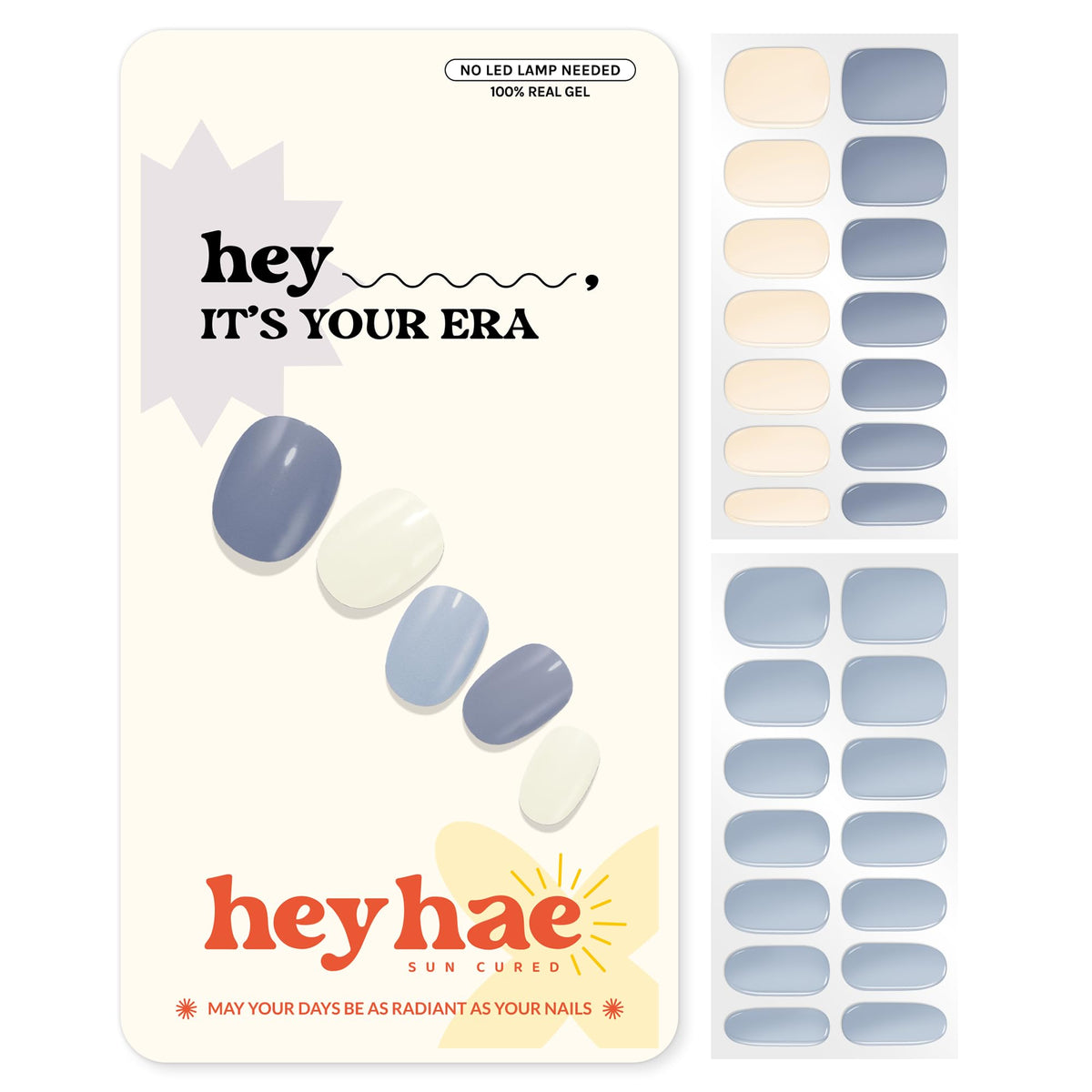 heyhae front packaging showing solid blue strips and included tools for easy at-home manicures