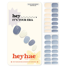 heyhae front packaging showing solid blue strips and included tools for easy at-home manicures