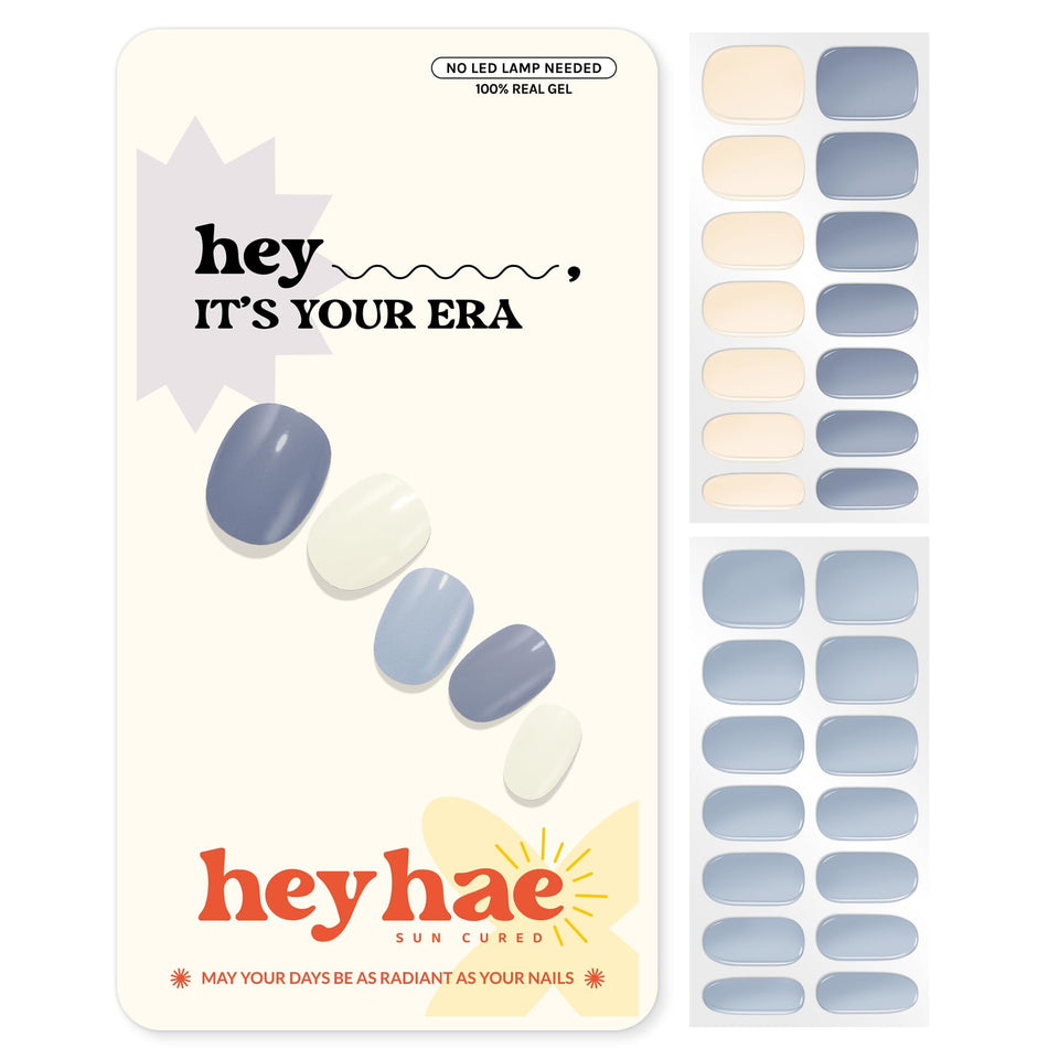 heyhae front packaging showing solid blue strips and included tools for easy at-home manicures