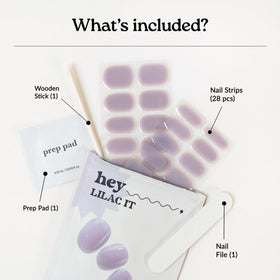 heyhae hand model wearing finished lilac strips showing salon-quality look