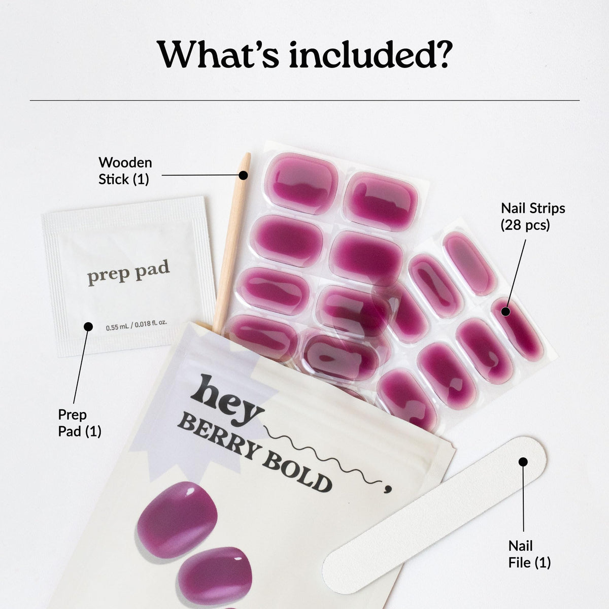 heyhae kit layout with 28 strips, prep pad, file, and stick for convenience