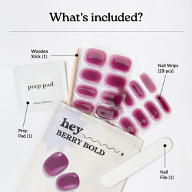 heyhae kit layout with 28 strips, prep pad, file, and stick for convenience