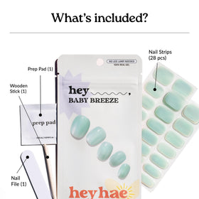 heyhae kit contents arranged to show 28 strips, prep pad, file, and wooden stick convenience