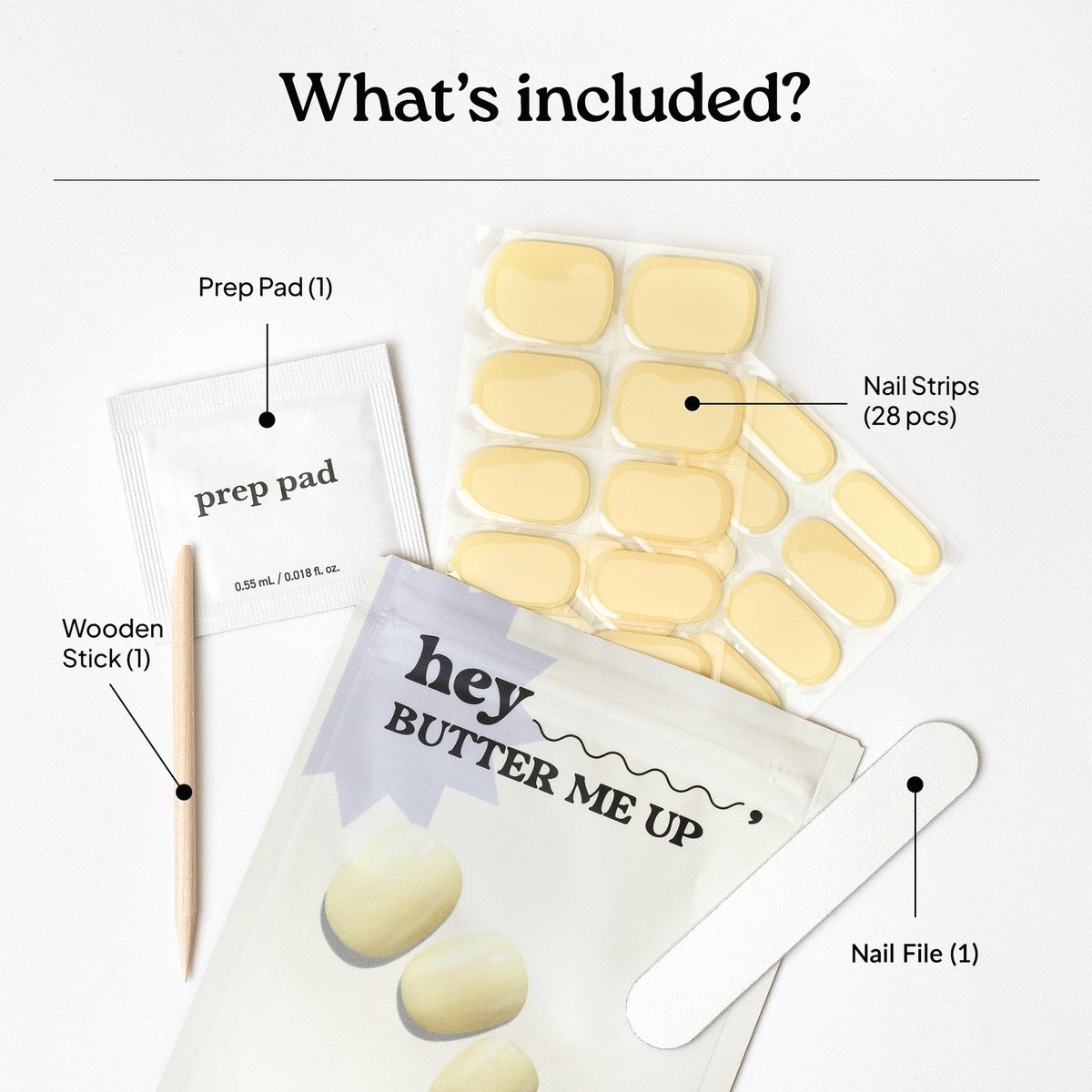 heyhae kit contents laid out including strips file stick and prep pad